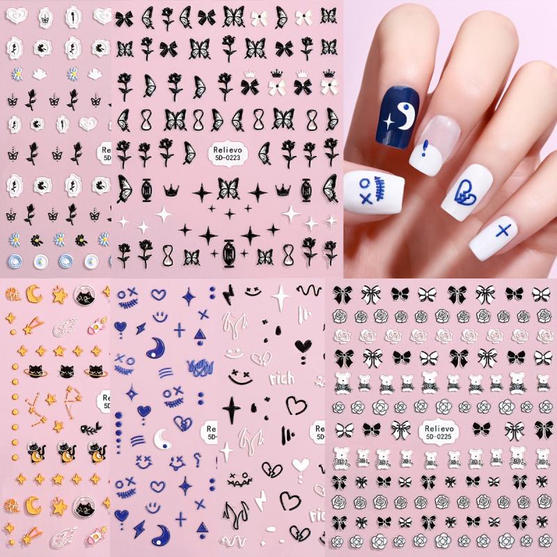 5D Embossed Nail Art Stickers, Variety Pack of Bow, Bear, Butterfly, Star, & Flo