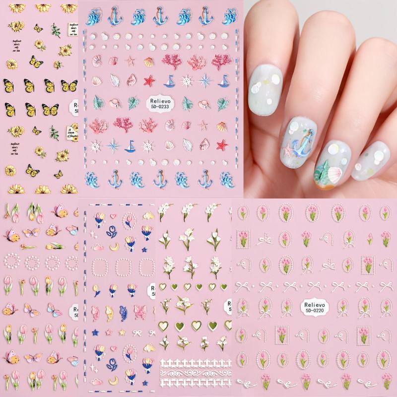 5D Embossed Nail Art Stickers, Variety Pack of Bow, Bear, Butterfly, Star, & Flo