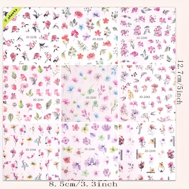 Colorful 3D Flower Nail Stickers 9 Sheets Self Adhesive Decals Spring Nail Art