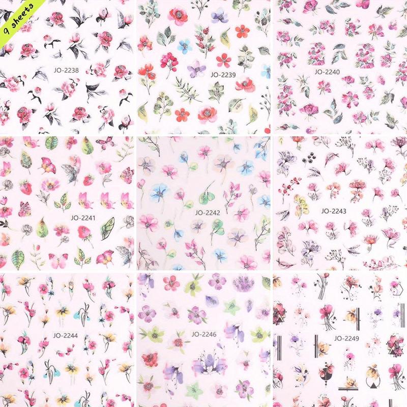 Colorful 3D Flower Nail Stickers 9 Sheets Self Adhesive Decals Spring Nail Art