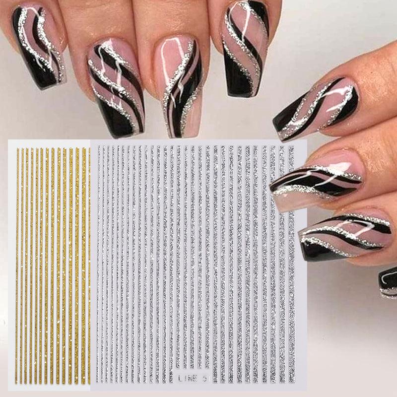 3D Silver Stripe Nail Stickers with Bow for Women Easy Nail Art Decor