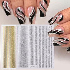 3D Silver Stripe Nail Stickers with Bow for Women Easy Nail Art Decor