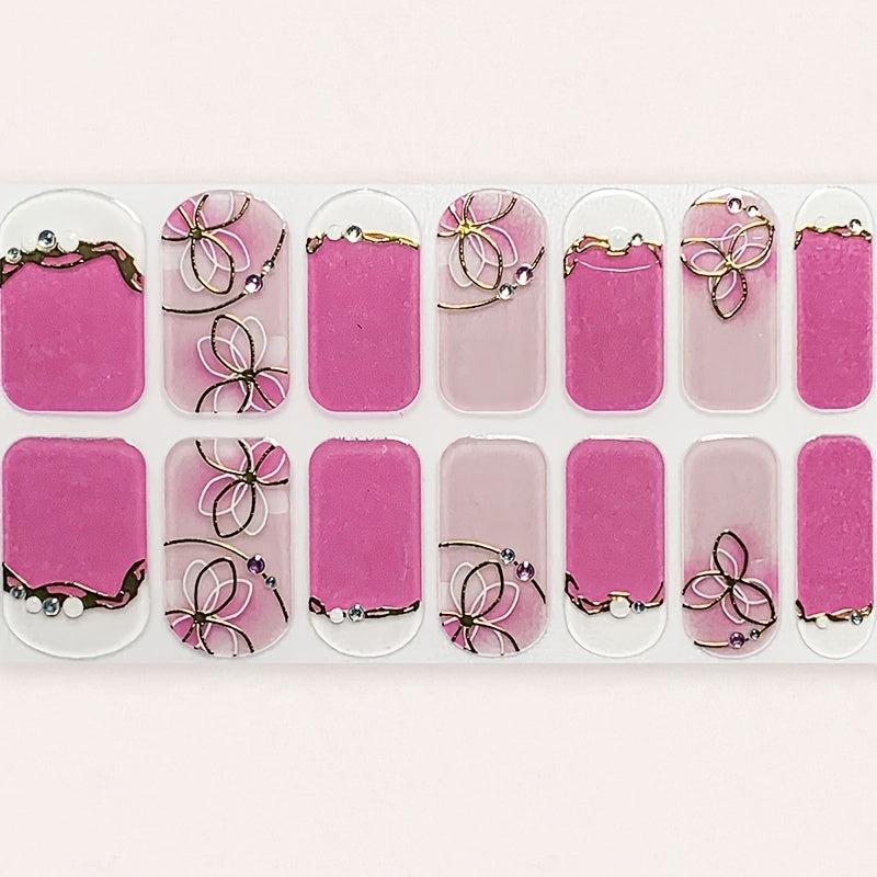 Glossy Pink Nail Polish Strips with Flower Gem & Pearl, Self-Adhesive Full Wraps