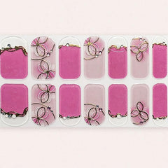 Glossy Pink Nail Polish Strips with Flower Gem & Pearl, Self-Adhesive Full Wraps