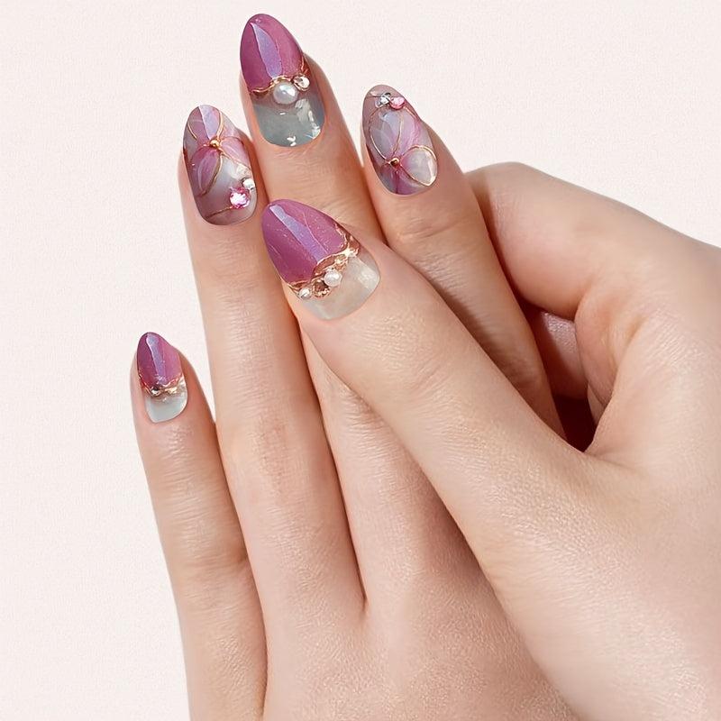 Glossy Pink Nail Polish Strips with Flower Gem & Pearl, Self-Adhesive Full Wraps