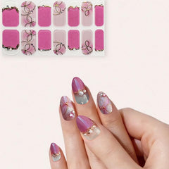 Glossy Pink Nail Polish Strips with Flower Gem & Pearl, Self-Adhesive Full Wraps