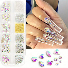 12 Grids Mixed Shape Nail Decor Kit, Stiletto Champagne Rhinestones
