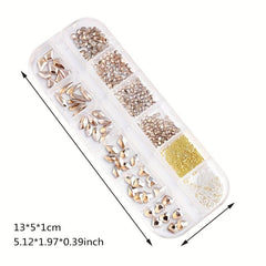 12 Grids Mixed Shape Nail Decor Kit, Stiletto Champagne Rhinestones