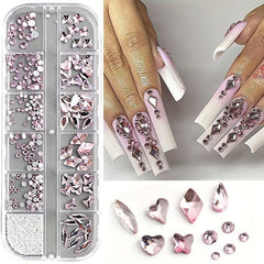 12 Grids Mixed Shape Nail Decor Kit, Stiletto Champagne Rhinestones