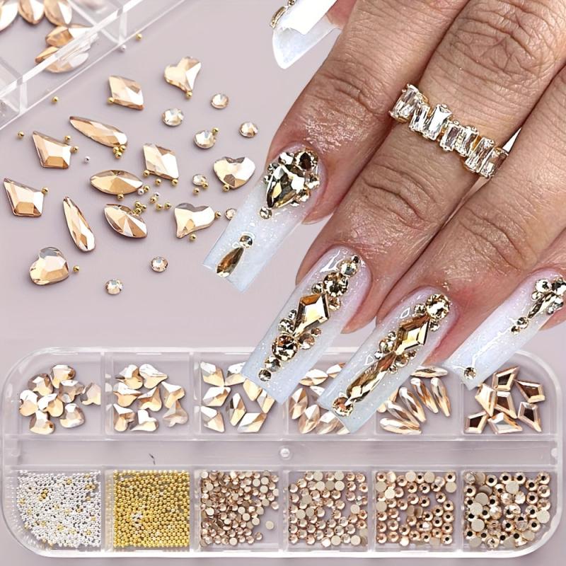 12 Grids Mixed Shape Nail Decor Kit, Stiletto Champagne Rhinestones