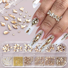 12 Grids Mixed Shape Nail Decor Kit, Stiletto Champagne Rhinestones