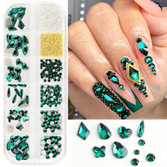 12 Grids Mixed Shape Nail Decor Kit, Stiletto Champagne Rhinestones