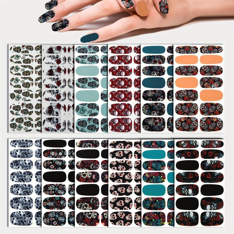 14 Sheets Halloween Nail Wraps Art Stickers Skull Pattern DIY Self Adhesive