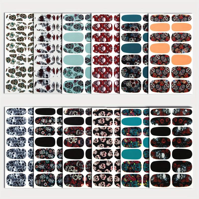 14 Sheets Halloween Nail Wraps Art Stickers Skull Pattern DIY Self Adhesive
