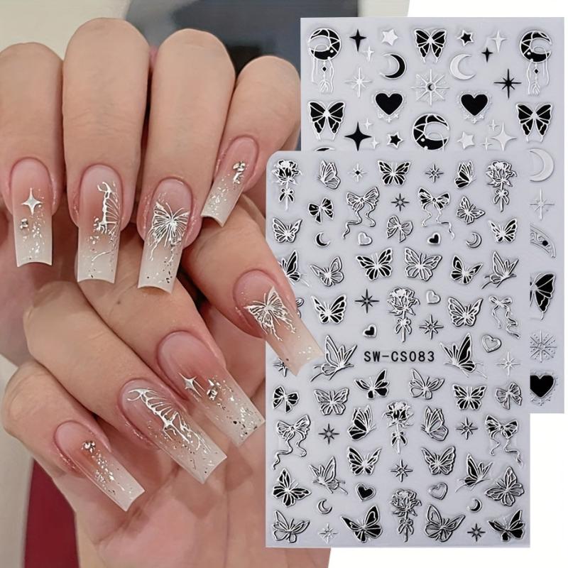 2pcs Metallic Silvery Charms 3D Nail Stickers Ink Butterfly M