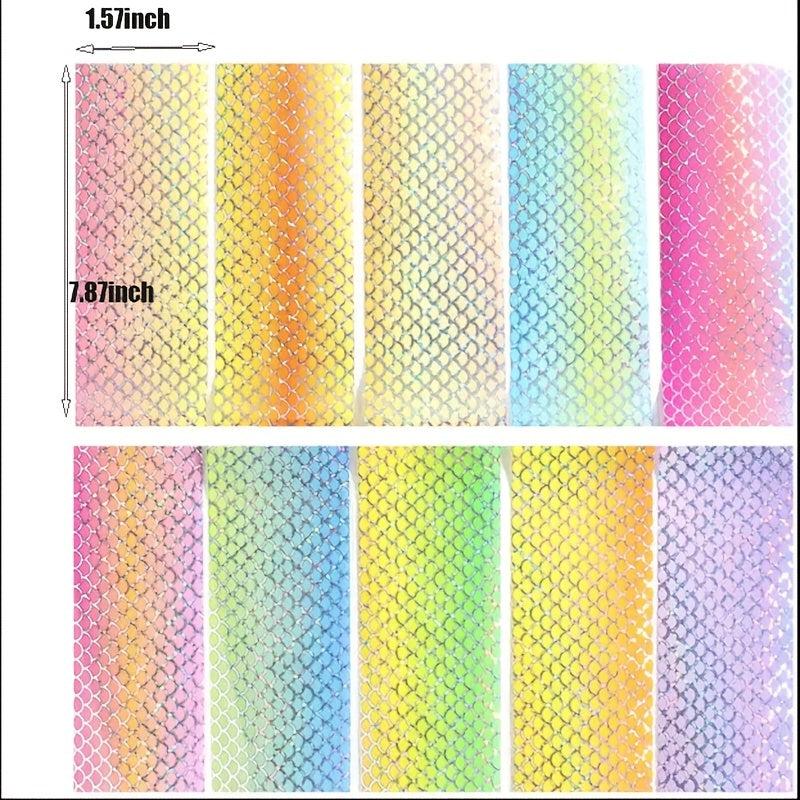 10 Sheets Mermaid Nail Foil Transfers - Iridescent Fish Scales Nail Art