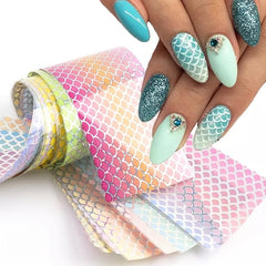 10 Sheets Mermaid Nail Foil Transfers - Iridescent Fish Scales Nail Art