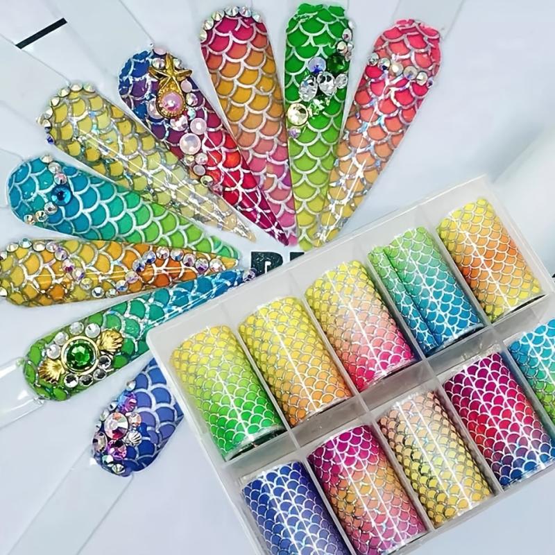10 Sheets Mermaid Nail Foil Transfers - Iridescent Fish Scales Nail Art