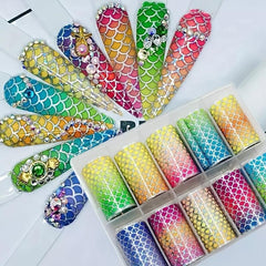 10 Sheets Mermaid Nail Foil Transfers - Iridescent Fish Scales Nail Art