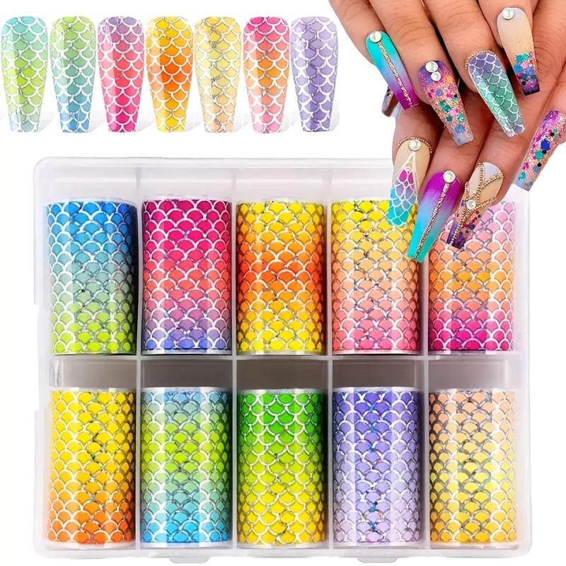 10 Sheets Mermaid Nail Foil Transfers - Iridescent Fish Scales Nail Art