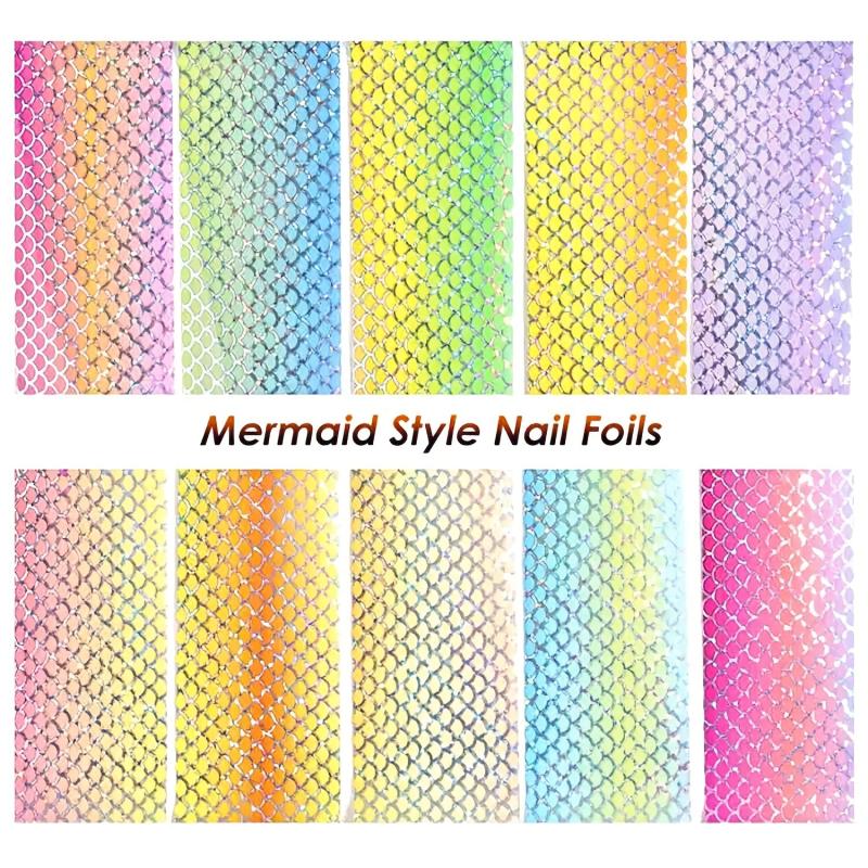 10 Sheets Mermaid Nail Foil Stickers for DIY Nail Decoration