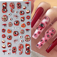 4 Sheets 5D Halloween Nail Art Stickers Evil Eyes Spider Web Designs DIY