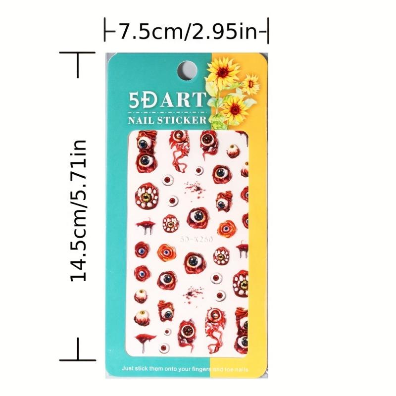4 Sheets 5D Halloween Nail Art Stickers Evil Eyes Spider Web Designs DIY