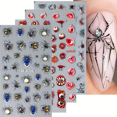 4 Sheets 5D Halloween Nail Art Stickers Evil Eyes Spider Web Designs DIY