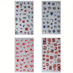 4 Sheets 5D Halloween Nail Art Stickers Evil Eyes Spider Web Designs DIY