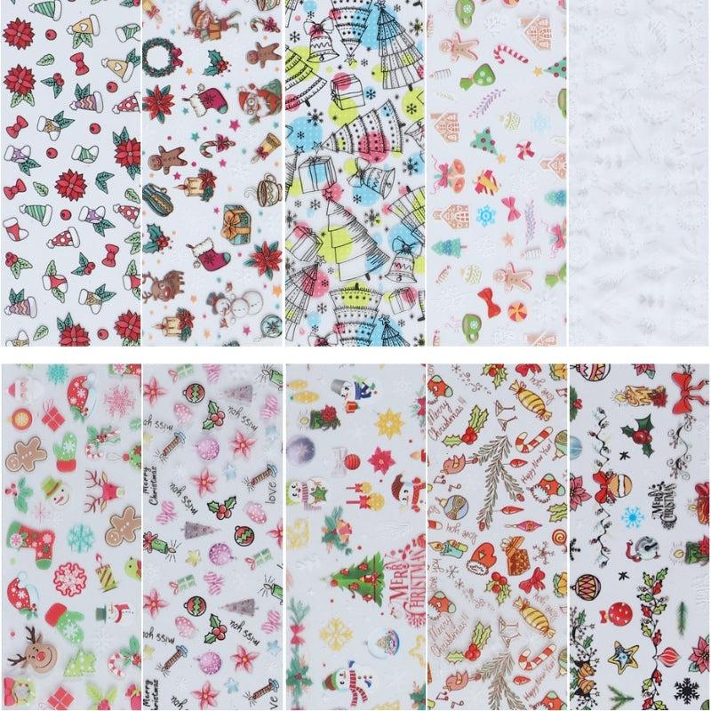 10 Sheets Christmas Nail Transfer Foil Set Snow Flower Elk Santa Adhesive Paper
