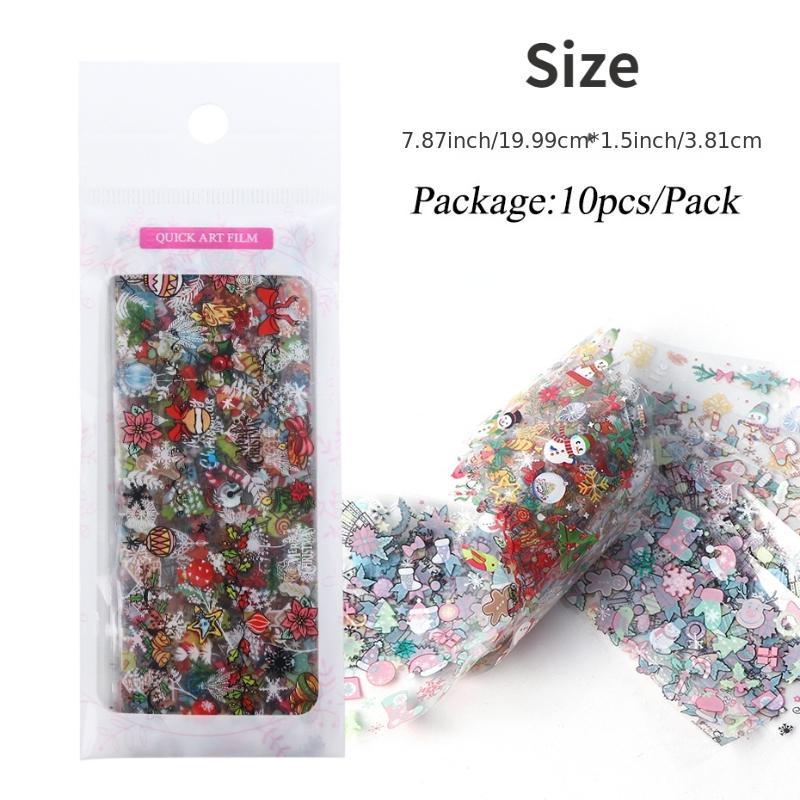 10 Sheets Christmas Nail Transfer Foil Set Snow Flower Elk Santa Adhesive Paper