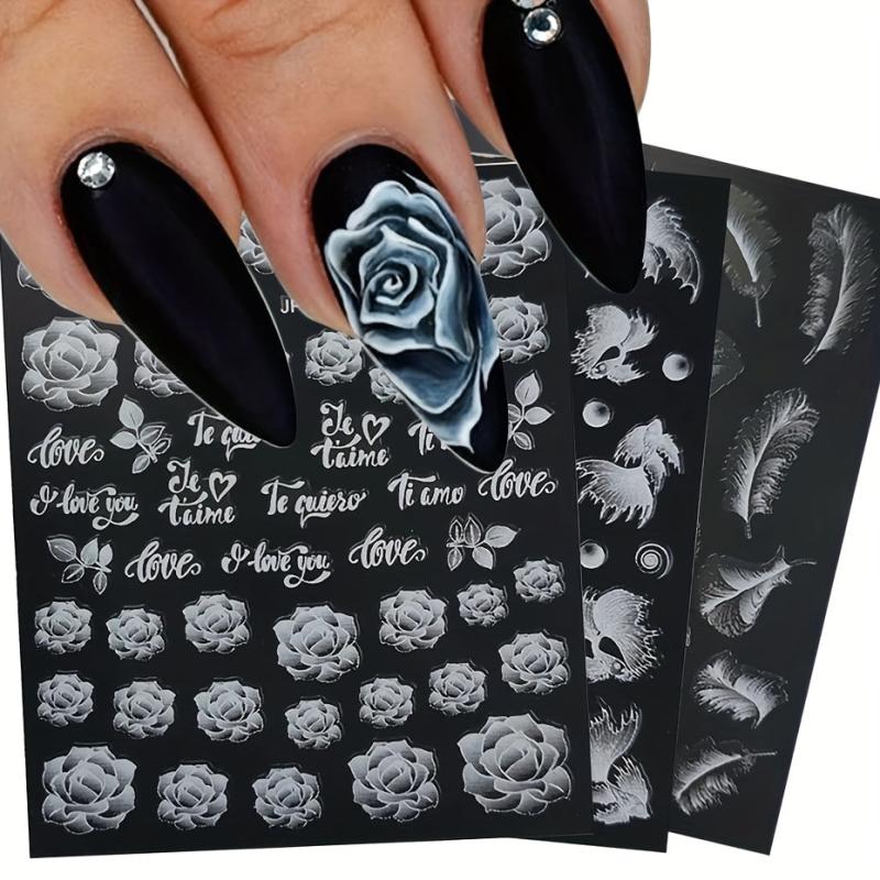 Rose Feather 3D Nail Art Stickers Self Adhesive DIY Nail Decals