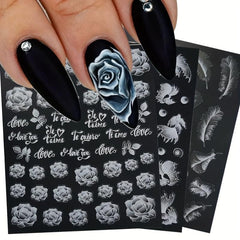 Rose Feather 3D Nail Art Stickers Self Adhesive DIY Nail Decals
