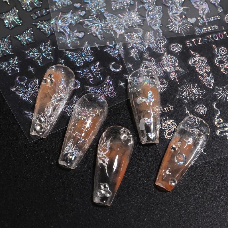 3pcs Aurora Butterfly Nail Art Stickers Laser Nail Decals For DIY Or Salons