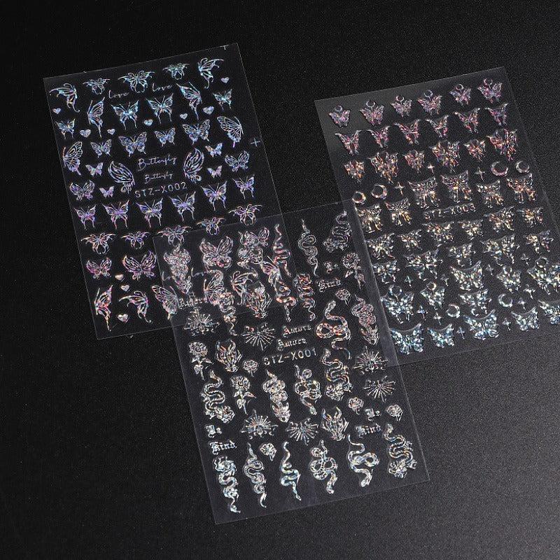 3pcs Aurora Butterfly Nail Art Stickers Laser Nail Decals For DIY Or Salons