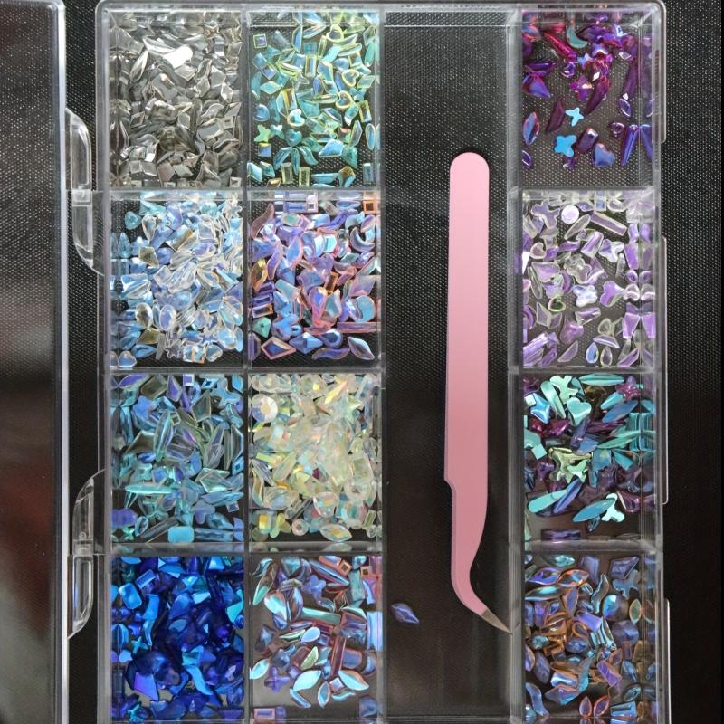 13 Grids Aurora Nail Art Rhinestone Resin Crystals Set With Tweezers