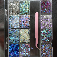 13 Grids Aurora Nail Art Rhinestone Resin Crystals Set With Tweezers