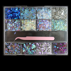 13 Grids Aurora Nail Art Rhinestone Resin Crystals Set With Tweezers
