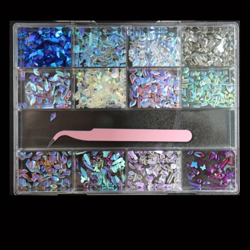 13 Grids Aurora Nail Art Rhinestone Resin Crystals Set With Tweezers