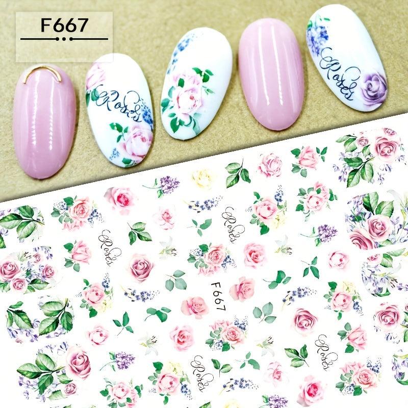 Boho 3D Botanical Nail Art Stickers Purple Red Rose & Lotus Sliders