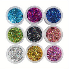 9pcs Holographic Nail Glitter Powder Set Hexagonal Sparkly Sequin Pig