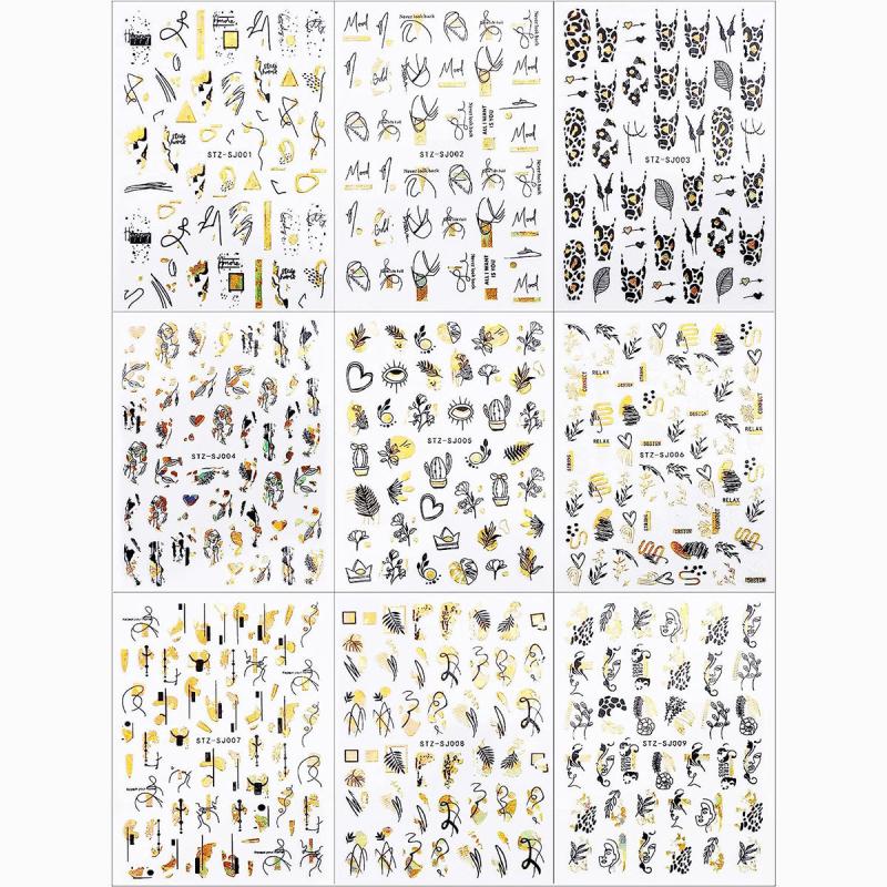 9 Sheets Golden Nail Art Stickers Decals Self Adhesive 3D Manicure Tips
