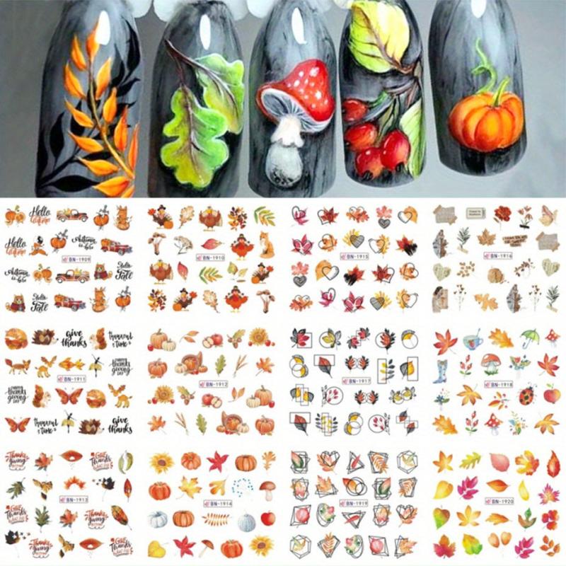 12pcs Maple Leaf Nail Stickers Pumpkin Geometric Water Decal