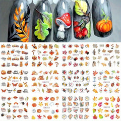 12pcs Maple Leaf Nail Stickers Pumpkin Geometric Water Decal