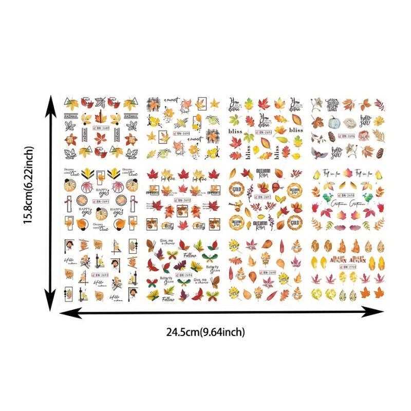 12pcs Maple Leaf Nail Stickers Pumpkin Geometric Water Decal