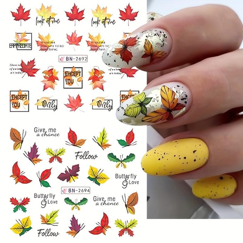 12pcs Maple Leaf Nail Stickers Pumpkin Geometric Water Decal