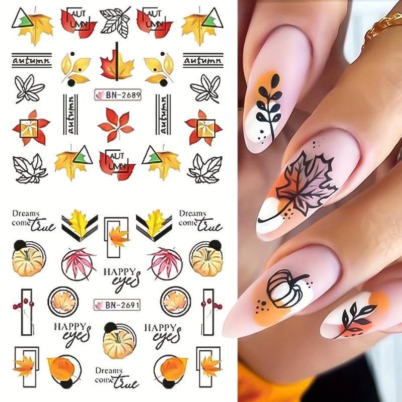 12pcs Maple Leaf Nail Stickers Pumpkin Geometric Water Decal