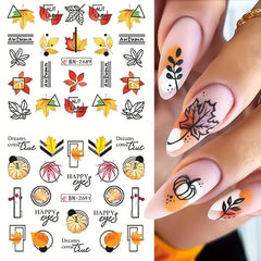 12pcs Maple Leaf Nail Stickers Pumpkin Geometric Water Decal