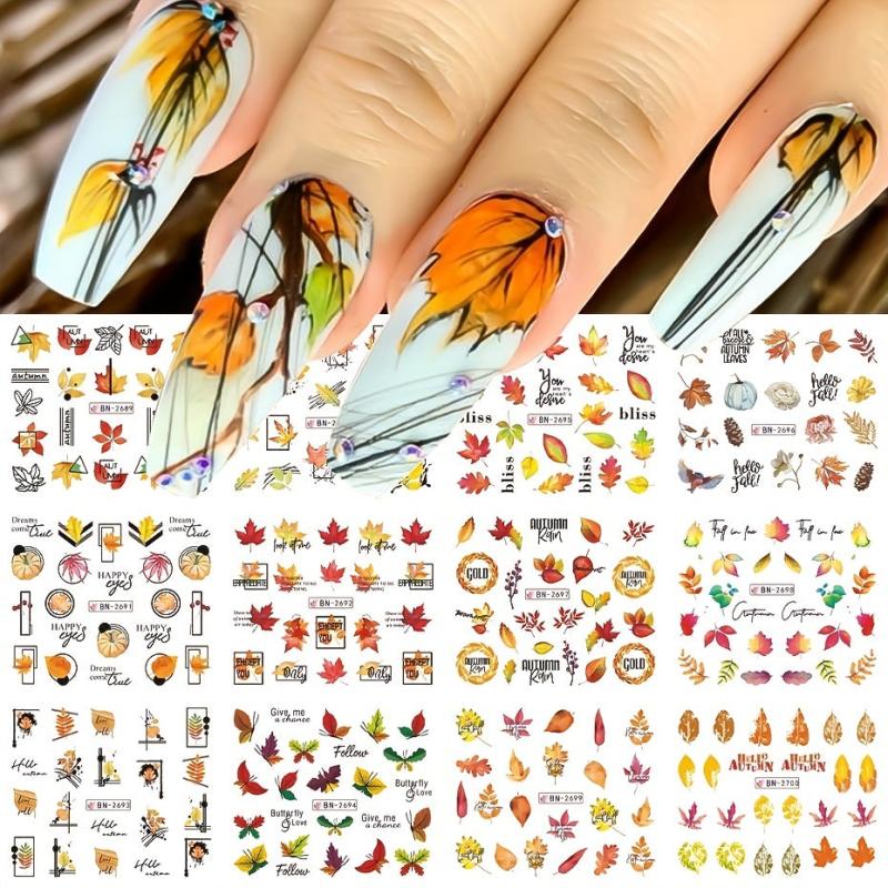 12pcs Maple Leaf Nail Stickers Pumpkin Geometric Water Decal