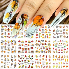 12pcs Maple Leaf Nail Stickers Pumpkin Geometric Water Decal